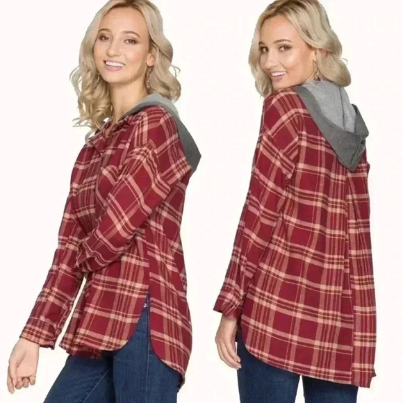 “PJ” Plaid Hooded Button Up Top - Picture 2 of 4